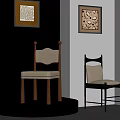 Two Stylish Chairs With Light Cushions Wooden Black Frames Decorative Wall Art Gray Walls And Window Blinds