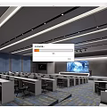 Modern Conference Room Interior With Long Tables Seats Large Screen And Ceiling Lights