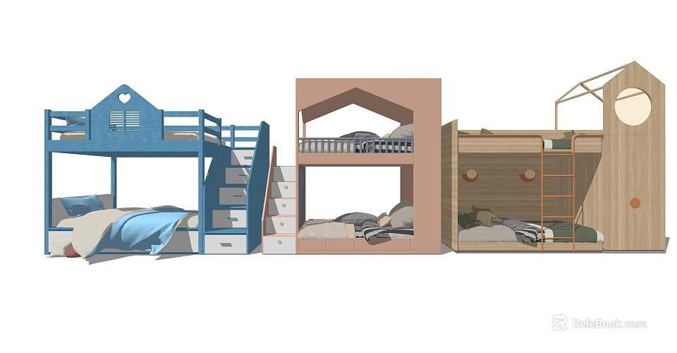 Different Bunk Bed Designs With Staircase Storage And Colorful Frames 3d model 