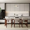 Modern Dining Room Interior With Wooden Table Chairs Pendant Light White Cabinets And Mosaic Backsplash