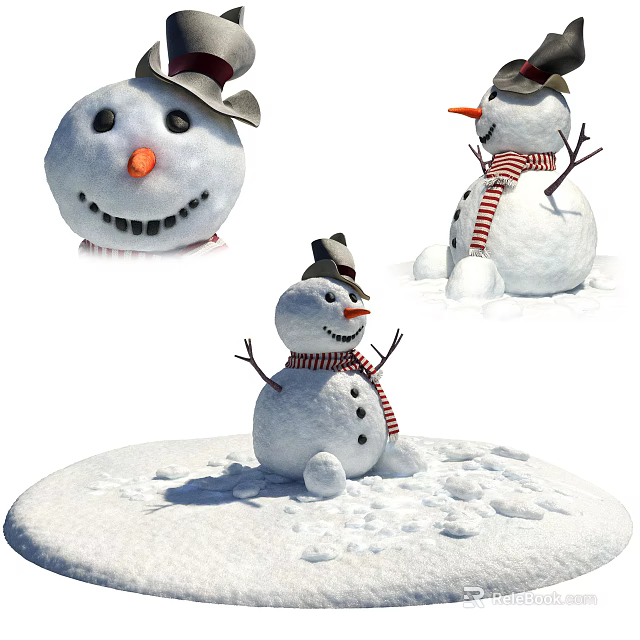 Cute Snowman Figures With Hat Scarf And Carrot Nose On Snowy Ground 3d model 