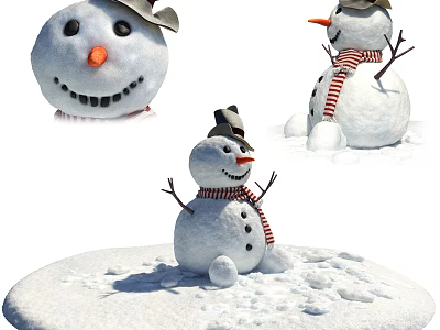 Cute Snowman Figures With Hat Scarf And Carrot Nose On Snowy Ground 3d model