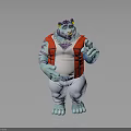 Blue Creature Character In Red Vest And White Pants With Yellow Head Decoration Pointing Forward