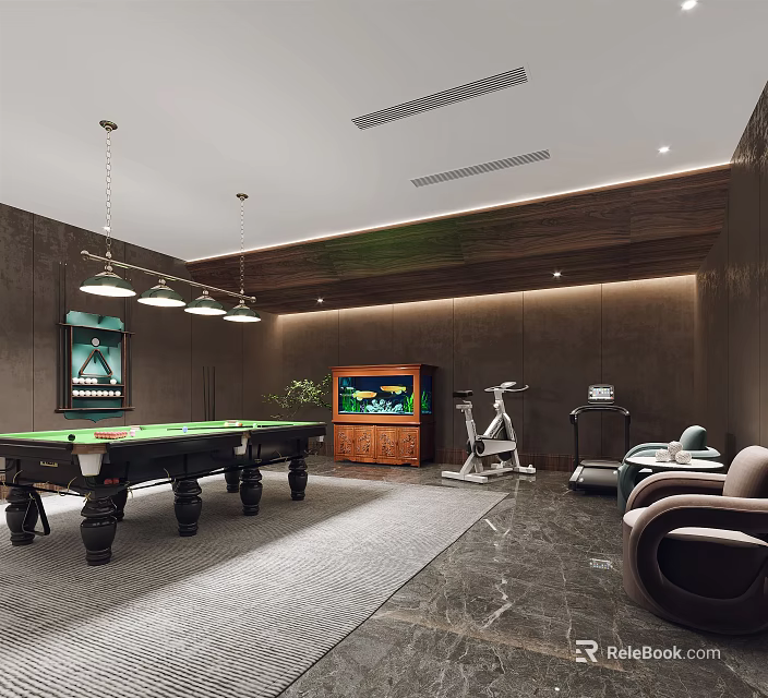Modern Billiard Room Interior With Green Billiard Table Fish Tank Exercise Equipment And Armchairs 3d model 