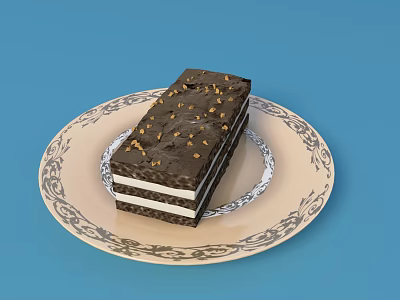 Layered Chocolate Cake With Nut Sprinkles On Decorative Plate Blue Background 3d model