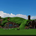 Hobbit Style Houses With Green Grassy Roofs Round Doors Windows And Blue Sky White Clouds