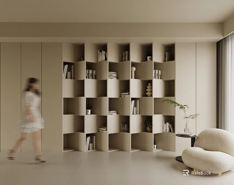 Modern Beige Open Shelf Bookcase Design With Books Decorations Green Plant And Sofa 3d model 