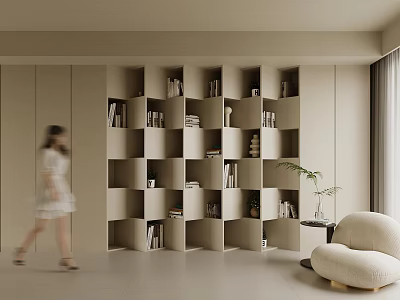 Modern Beige Open Shelf Bookcase Design With Books Decorations Green Plant And Sofa 3d model