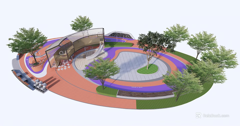 Vibrant Urban Park Design Featuring Round Plaza Trees And Colored Paved Areas 3d model 