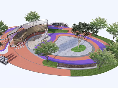 Vibrant Urban Park Design Featuring Round Plaza Trees And Colored Paved Areas 3d model