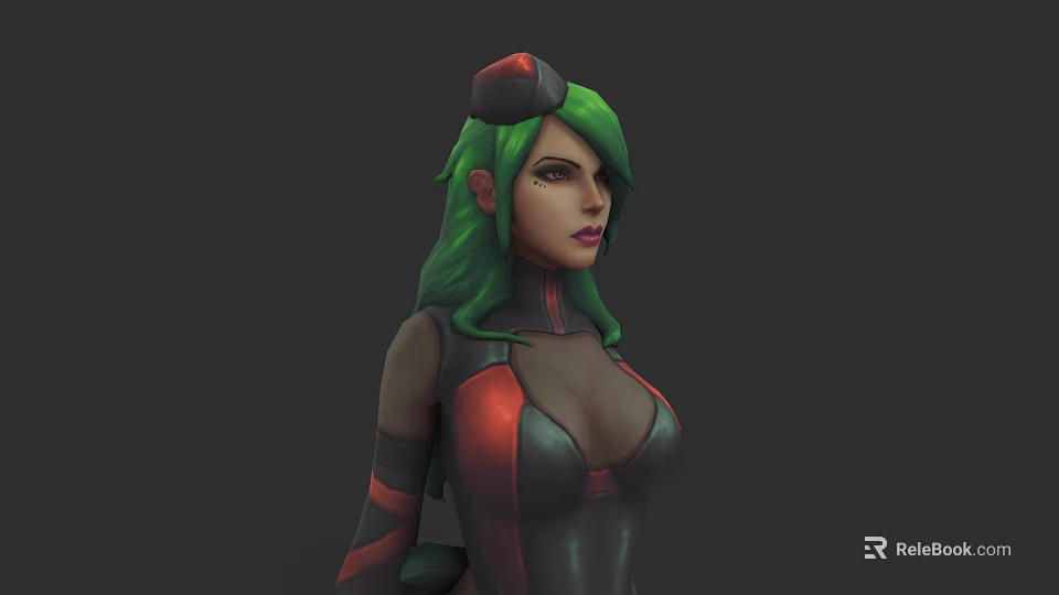 Futuristic Woman With Green Hair Red Hat Black Red Tight Outfit And Transparent Sleeves 3d model 