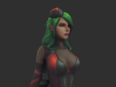 Futuristic Woman With Green Hair Red Hat Black Red Tight Outfit And Transparent Sleeves 3d model
