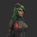 Futuristic Woman With Green Hair Red Hat Black Red Tight Outfit And Transparent Sleeves