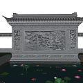 Traditional Chinese Screen Wall With Intricate Stone Carving Front Pond Lotus Leaves And Flowers