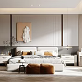 Modern Bedroom Interior With Neutral Headboard White Sculptural Wall Decor Warm Pillows And Potted Plant