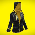 Stylish Black Hooded Jacket With Yellow Lining And Cuffs And Buttons