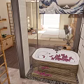 Modern Hotel Room Interior With Wooden Partition Large Bed Bathtub Wooden Furniture and Window Blinds
