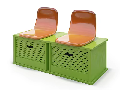 Glossy Orange Leisure Chairs With Green Storage Cabinet And Perforated Drawers 3d model