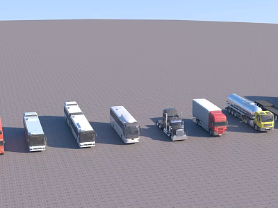 Various Types of Vehicles Including Buses Trucks and Tankers Displayed in Different Colors 3d model