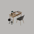 Modern Interior Wooden Desk with Black Chair Table Lamp Stationery and Globe