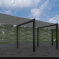 Modern Outdoor Pergola with Metal Frame Transparent Roof and Green White Decorative Panels Under Blue Sky