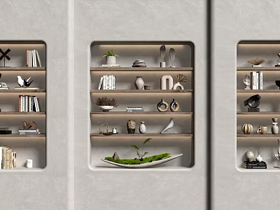 Wall Design With Recessed Shelves Holding Books Plants And Decor 3d model
