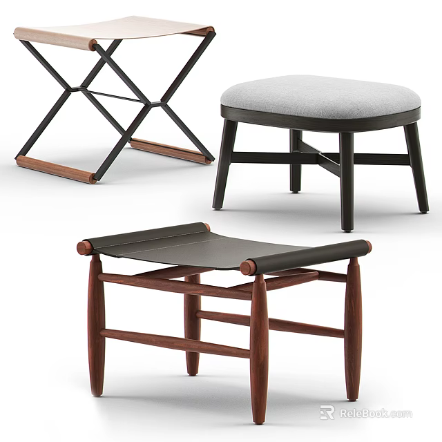 Modern Stools in Diverse Designs with Wooden Frames and Upholstered Seats 3d model 