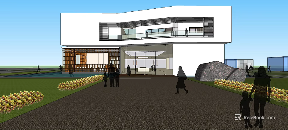 Modern Public Building Exterior With Glass Facade Entrance And Landscaping Features 3d model 