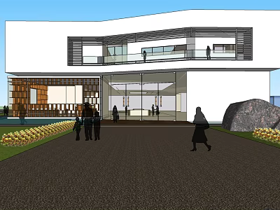 Modern Public Building Exterior With Glass Facade Entrance And Landscaping Features 3d model