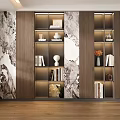 Modern Wooden Bookcase With Illuminated Shelves Marble Accent Wall And Decorative Books