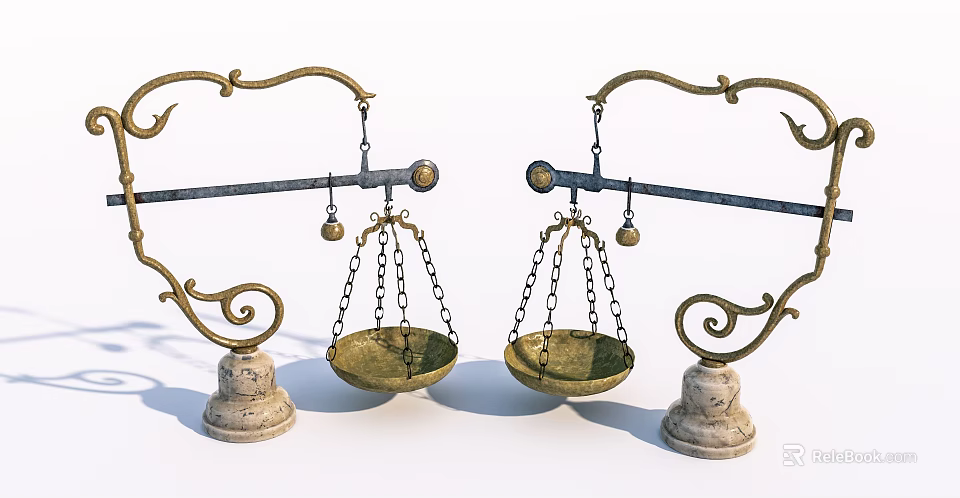 Vintage Balance Scale Decorative Ornament Set With Gold Metal Frame Stone Base And Chain Trays 3d model 
