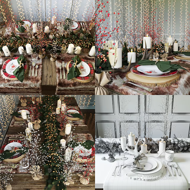 Festive Tableware Set For Christmas Dinner Table With Green Napkins Candles And Wreath Decor 3d model 