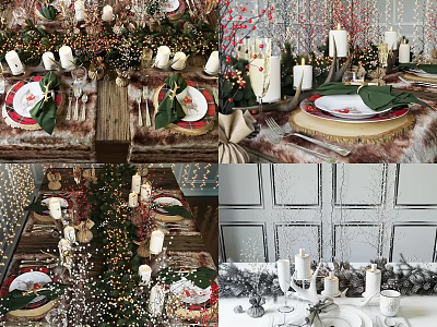 Festive Tableware Set For Christmas Dinner Table With Green Napkins Candles And Wreath Decor 3d model