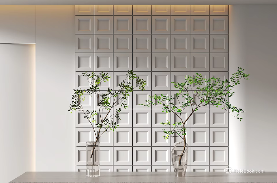 Modern Minimalist Interior With White Square Patterned Wall And Glass Vases Holding Green Plants 3d model 