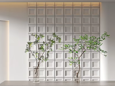 Modern Minimalist Interior With White Square Patterned Wall And Glass Vases Holding Green Plants 3d model