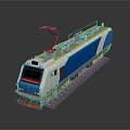 Modern Blue and White Electric Train With Pantograph Top Red Details On Tracks 3d model