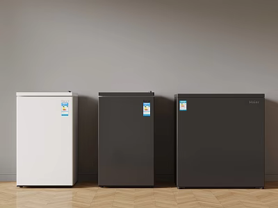 Three Small Refrigerators In White Dark Gray And Black Standing Against Wall On Wooden Floor 3d model