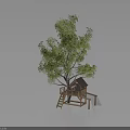 Tree With Green Leaves And Wooden Treehouse Featuring Ladder And Small Roof