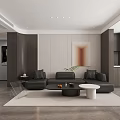 Modern Living and Dining Room With Black Sofa Coffee Tables TV Fireplace and Mountain View