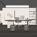 Modern Study Room Interior Design With Wooden Desk Computer Chair Bookshelf Plant And Neutral Rug