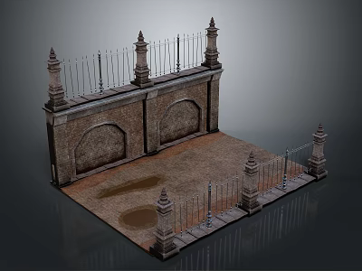 Ancient Architectural Wall Scenery with Arched Doors Stone Pillars Iron Fences Stone Path and Puddle 3d model