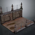 Ancient Architectural Wall Scenery with Arched Doors Stone Pillars Iron Fences Stone Path and Puddle