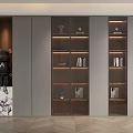 Modern Wooden Bookcase With Multiple Shelves Decorative Items Books And Black Figurine On Marble Base
