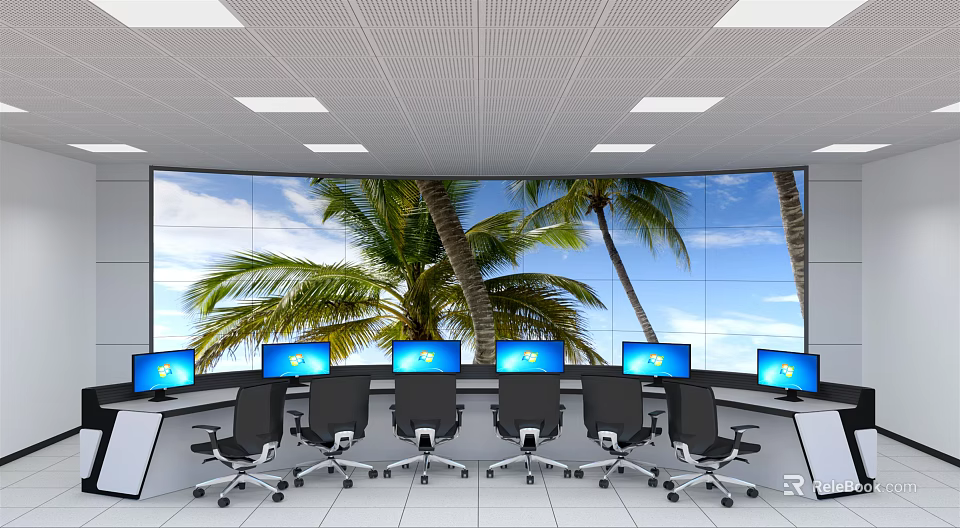 Monitoring Room With Curved Screen Showing Palm Trees Blue Sky Multiple Monitors Black Office Chairs 3d model 