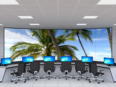 Monitoring Room With Curved Screen Showing Palm Trees Blue Sky Multiple Monitors Black Office Chairs 3d model