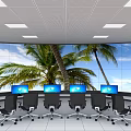 Monitoring Room With Curved Screen Showing Palm Trees Blue Sky Multiple Monitors Black Office Chairs