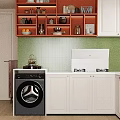 Hanging Potted Plants And Large Greenery On Orange Wall With Wooden Shelves And White Refrigerator