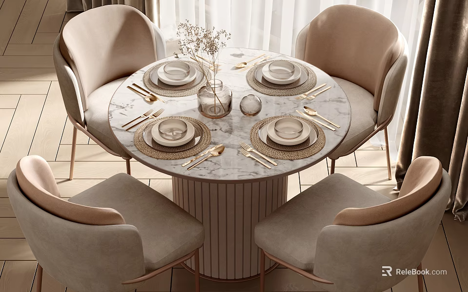 Elegant Round Marble Dining Table Set With Beige Upholstered Chairs And Tableware Vase 3d model