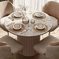 Elegant Round Marble Dining Table Set With Beige Upholstered Chairs And Tableware Vase 3d model