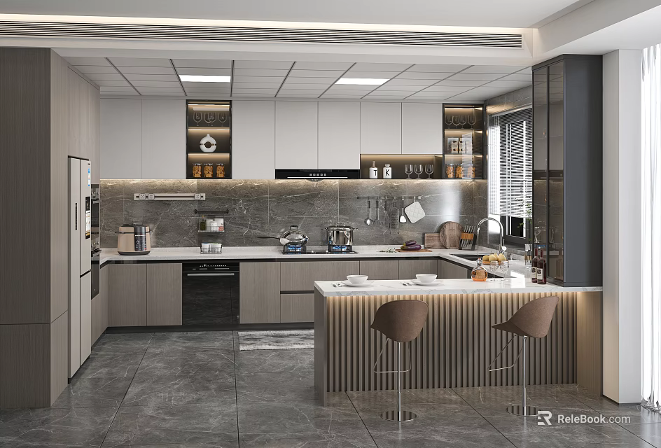 Modern Kitchen Interior With Gray Cabinets Island Counter And Brown Bar Stools 3d model 